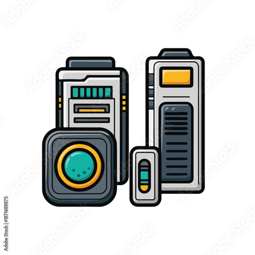 A cartoonish depiction of three futuristic devices