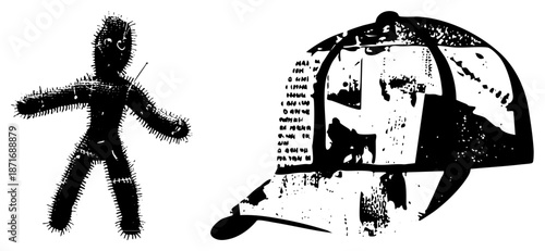 Voodoo Doll and Vintage Helmet with Graffiti Text Silhouettes