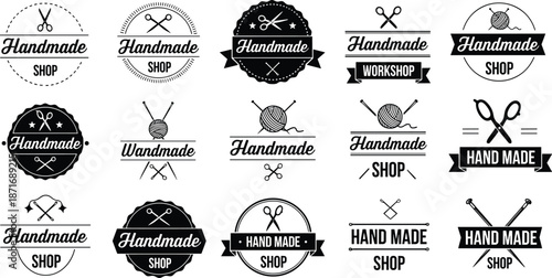 Vintage handmade shop logo collection with sewing scissors, knitting yarn icons, craft badges, retro design elements, DIY labels, vector illustration