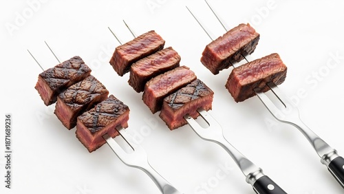 Grilled steak pieces on meat forks against white background, set