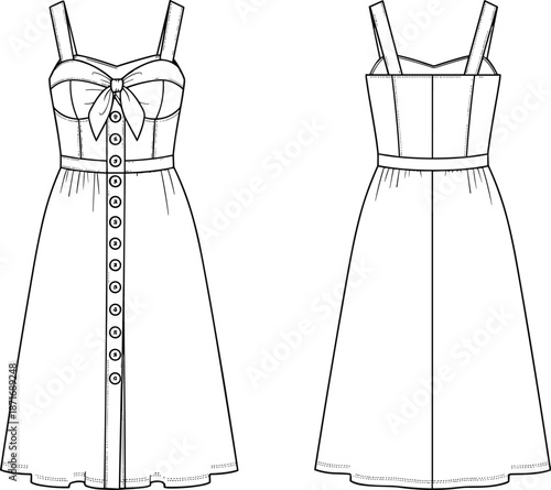 Stylish button-front sundress fashion sketch with bow detail, fitted bodice, shoulder straps, flared skirt, technical flat garment illustration for designers