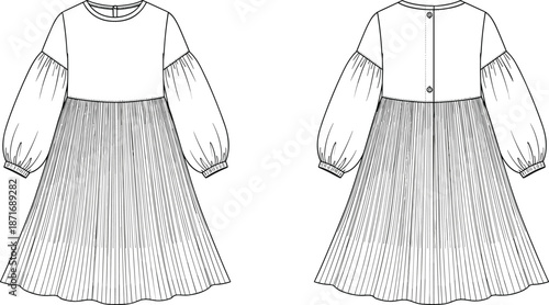 Stylish pleated A-line dress fashion flat with puff sleeves, back button detail, technical vector illustration for children’s apparel designers