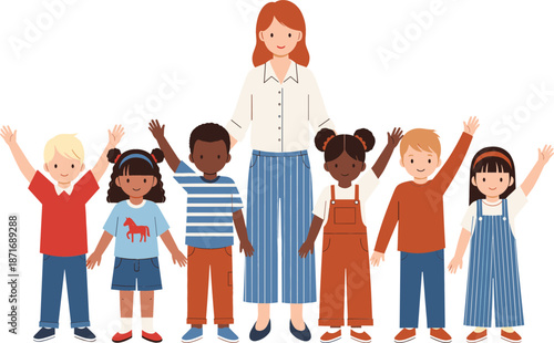 A friendly female teacher or mother standing with a diverse group of happy young children raising their hands in a classroom or kindergarten setting flat vector.