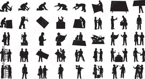 30 Black Solid Solar Action Silhouettes on White Background