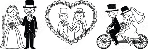 Wedding couple line art illustration, bride and groom cartoon design, romantic marriage concept, love celebration drawing, vector outline artwork