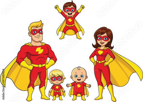 Superhero family, cartoon characters, red costume, lightning emblem, teamwork, unity, baby hero, kids, parents, flying pose, comic style