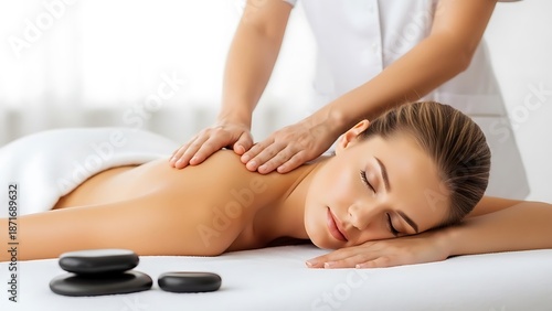 Serene spa scene with a woman receiving a massage on a white background
