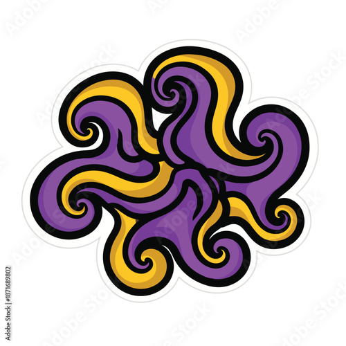 A colorful abstract design with swirling purple and yellow shapes