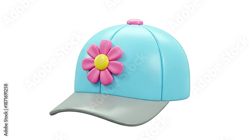 Blue Baseball Cap with Pink Flower Decoration
