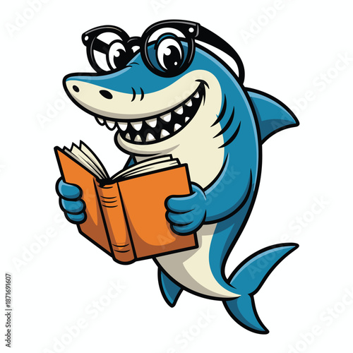 Funny smiling cartoon shark character illustration isolated on white background