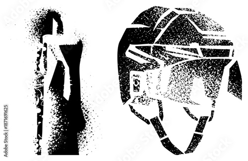 Hockey Player Silhouette with Helmet and Stick in Grunge Dot Style
