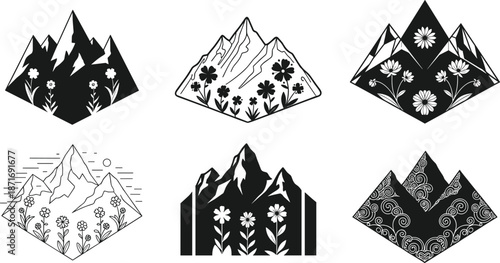 Mountain illustration, floral mountain design, black and white nature art, stylized peaks, flower landscape drawing, decorative mountain vector, scenic artwork