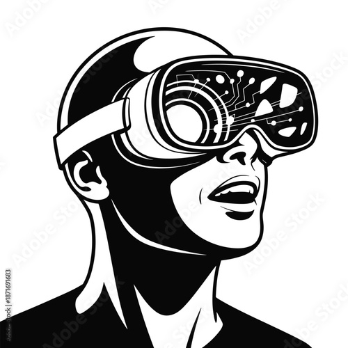 Immersive Virtual Reality Experience: A person wearing a virtual reality headset is engaged in a digital world of technological wonder. This illustration depicts the future of entertainment.