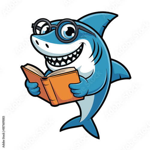 Smart Shark: A charming cartoon shark, sporting spectacles and a toothy grin, is engrossed in a book, embodying the joy of learning and intelligence.
