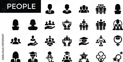 People icons collection with teamwork symbols, leadership silhouettes, community support graphics, education graduation signs, gender equality elements, human resources vector set