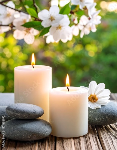 Serene spa scene, lit candles and stones with floral arrangement