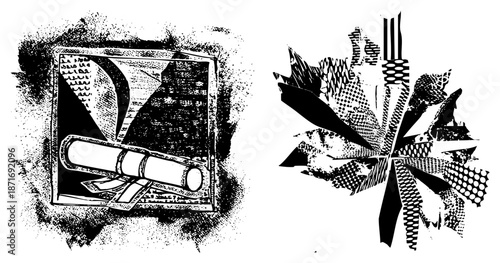 Vintage Scroll Document in Ornate Frame with Abstract Geometric