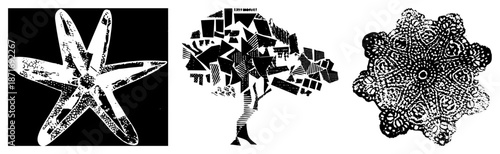 Abstract Starfish, Geometric Tree, and Ornate Snowflake Vector Set