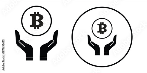 Bitcoin in hand icon isolated on white background. Vector illustration