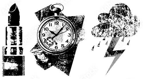 Vintage Stopwatch, Lipstick, and Cloud with Lightning Vector