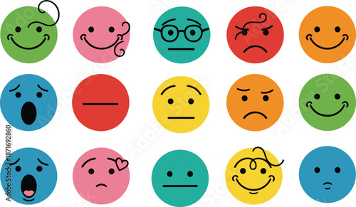 Set of colorful emoji faces showing different emotions, cartoon smiley icons collection, happy sad angry surprised expression vector illustration
