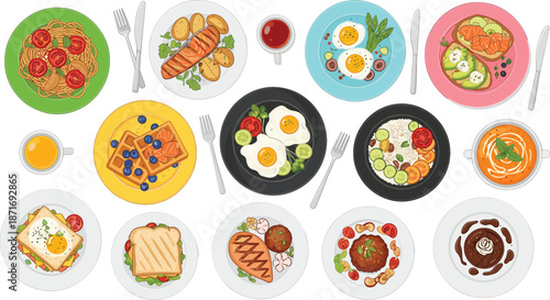 Large collection of delicious healthy food icons featuring breakfast lunch and dinner dishes with eggs salmon pasta and waffles in a clean flat vector design