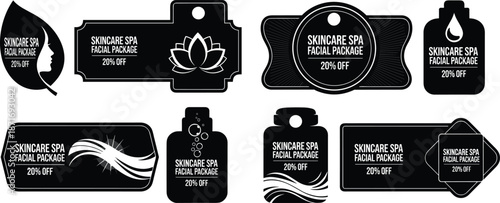 Skincare spa label design, facial package promotion, 20 percent discount, beauty salon sticker, elegant black white badge, cosmetic branding