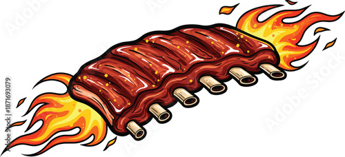 Spicy grilled pork ribs illustration, hot barbecue meat with fire flames, delicious BBQ food art, spicy grill cooking design