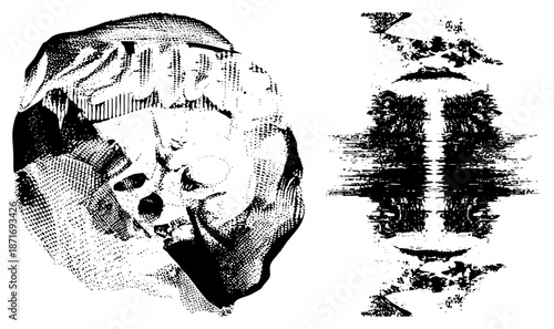 Halftone Skull Portrait with Distorted Reflection in Vector Style