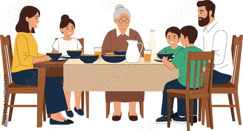 Happy multi-generational family including parents children and grandmother sitting together at a wooden dining table enjoying a healthy meal in flat vector style