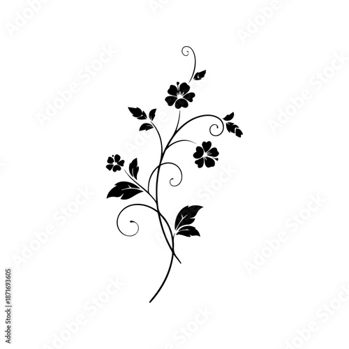 An elegant black floral illustration on a white background featuring curls and leaves