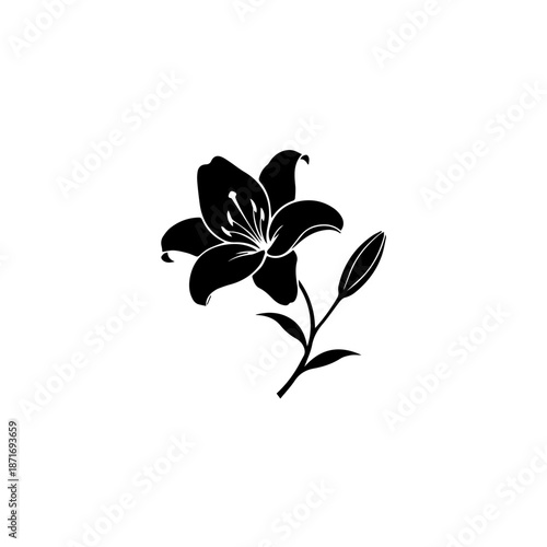 A black lily flower in bloom with leaves and stem illustrated in a simple graphic style