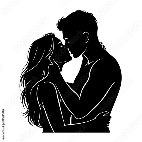Couple Embracing Intimately in a Tender Moment, Illustrated Silhouette