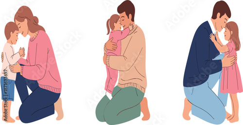 Collection of happy parents hugging their children including mother with son and fathers with daughters, flat vector illustration of family love and bonding.