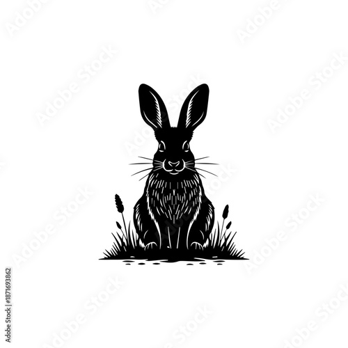 A black rabbit sitting in the grass with cattails around it, illustrated in a simple black and white style