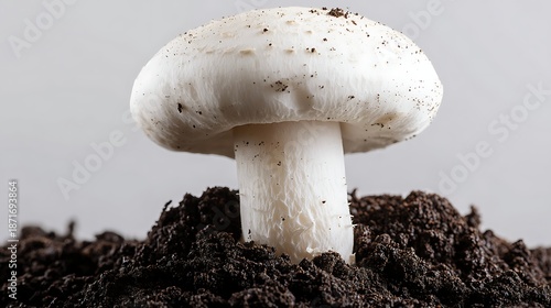 White Mushroom Growth in Soil Organic Isolated Minimalist Detail Macro Close Up Natural Texture Edible Fungus Healthy Nutrition Fresh Produce Earthy