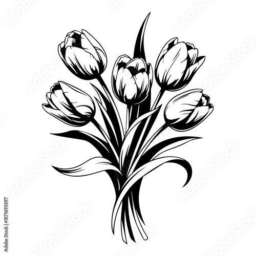 A close-up illustration of a bouquet of tulips in black and white