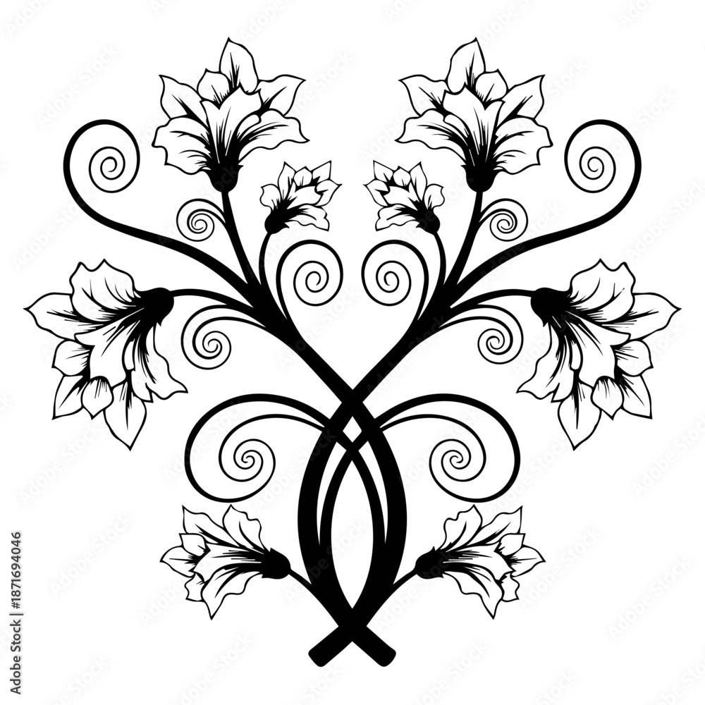 Obraz premium An intertwined floral design featuring curved stems and leaves in a symmetrical black and white illustration
