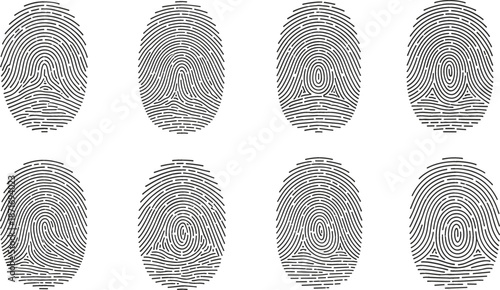 Set of black human fingerprint icons isolated on white background, biometric security identification marks and forensic thumbprint patterns in clean flat vector style.