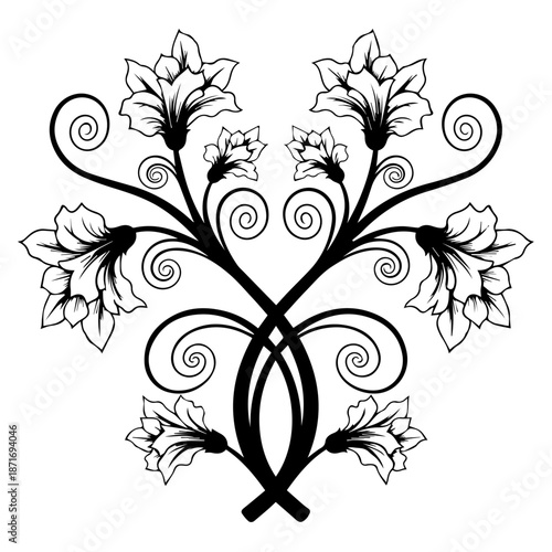 An intertwined floral design featuring curved stems and leaves in a symmetrical black and white illustration
