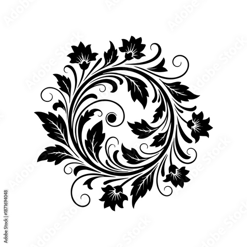 An intricate black floral design with swirling leaves and flowers on a white background.