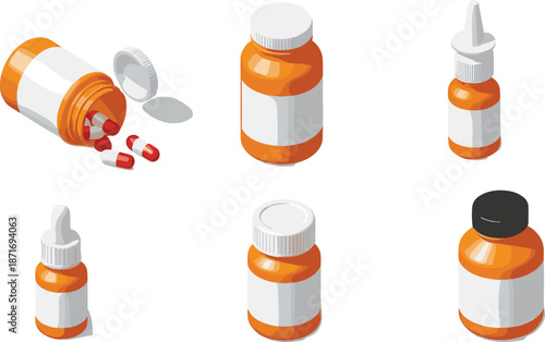 Medicine bottles and pill containers set with capsules and dropper packaging for pharmacy and healthcare concepts in flat vector illustration