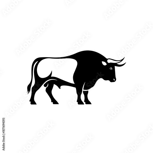 A black silhouette illustration of a bull standing in profile with horns and a long tail