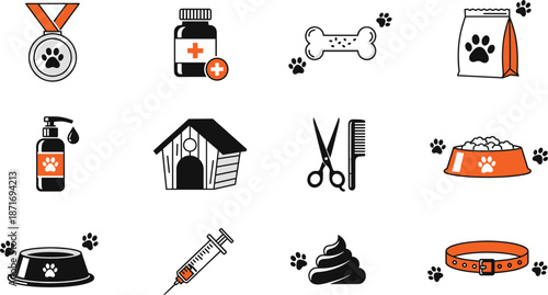 Pet care and veterinary icons set with food, medicine, grooming tools, accessories, and dog supplies in flat vector illustration