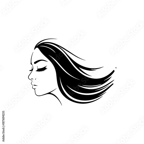 A serene woman's face with flowing hair, captured in a simple black and white illustration