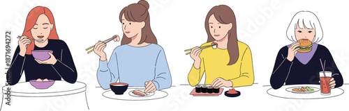 Flat vector illustration of young women eating various meals including sushi, burgers, and noodles while sitting at tables isolated on a white background.
