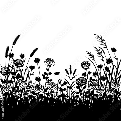 A serene illustration of various wildflowers and grasses in a field from a low viewpoint