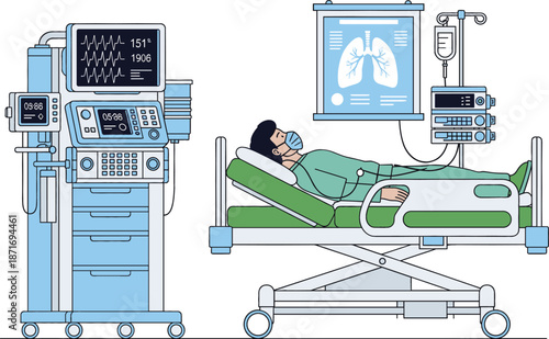 Male patient in hospital bed connected to medical ventilator monitor and life support machines for respiratory treatment in intensive care unit flat vector illustration