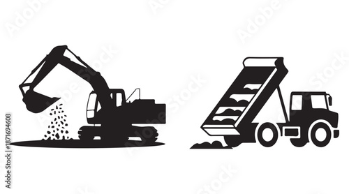 Construction Machinery Icons Set Excavator and Dump Truck Vector Illustration.