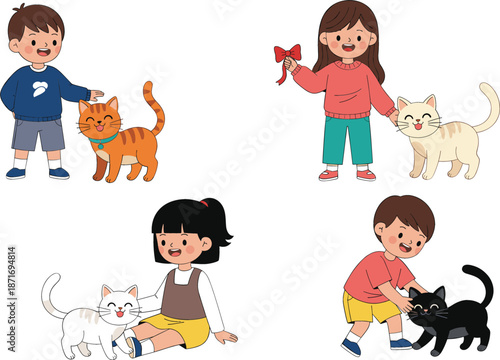 Cute children playing with happy cats and kittens vector set, flat cartoon style kids petting domestic animals, diverse group of young boys and girls with pets isolated on white background.